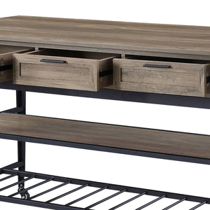 English Elm Macaria Rustic Oak Kitchen Island with Black Metal Base, 3 Drawers, 2-Tier Shelves & Wheels B2726P292333