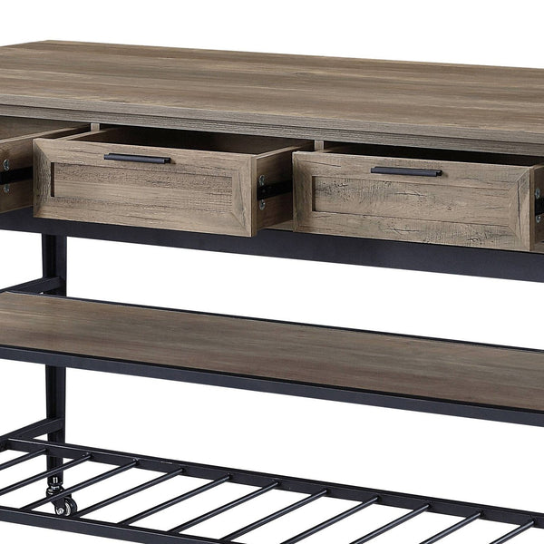 English Elm Macaria Rustic Oak Kitchen Island with Black Metal Base, 3 Drawers, 2-Tier Shelves & Wheels B2726P292333