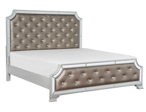 English Elm Silver Frame Queen Bed Crystal Button Tufted Headboard with Mirror Accent Glam B011S02485