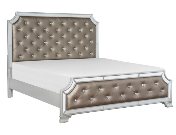 English Elm Silver Frame Queen Bed Crystal Button Tufted Headboard with Mirror Accent Glam B011S02485