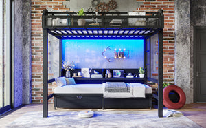 English Elm Twin Over Metal Bunk Bed with Led Lights Usb Ports Drawers and Sofa Conversion W5305S00002