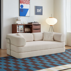 English Elm Floor Floor Couch Convertible 5-in-1 Corduroy Sofa Bed with Pillow-to-Blanket, Reinforced Frame Cream W3565P354961