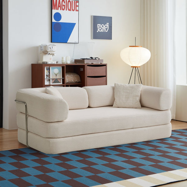 English Elm Floor Floor Couch Convertible 5-in-1 Corduroy Sofa Bed with Pillow-to-Blanket, Reinforced Frame Cream W3565P354961