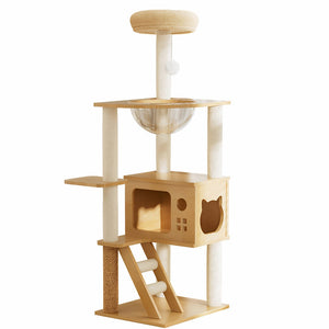 English Elm 48.8" Modern Wood Cat Tower Sisal Posts Acrylic Hammock Perch for Indoor Cats W3101P314628