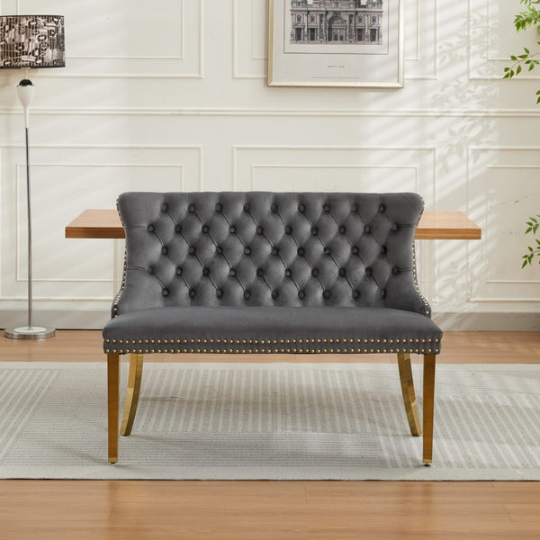 English Elm Velvet Wingback Dining Bench Tufted Two Seat Mid Century Modern Brushed Steel Base Gray W1143P406978