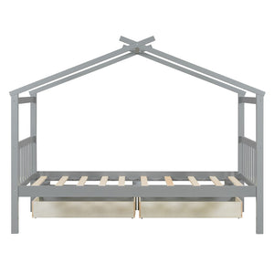 English Elm Twin House Bed Solid Pine Kids Cottage Frame with Storage Drawers Imaginative Room Gray N708P309245E