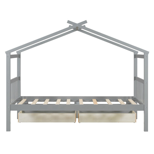 English Elm Twin House Bed Solid Pine Kids Cottage Frame with Storage Drawers Imaginative Room Gray N708P309245E