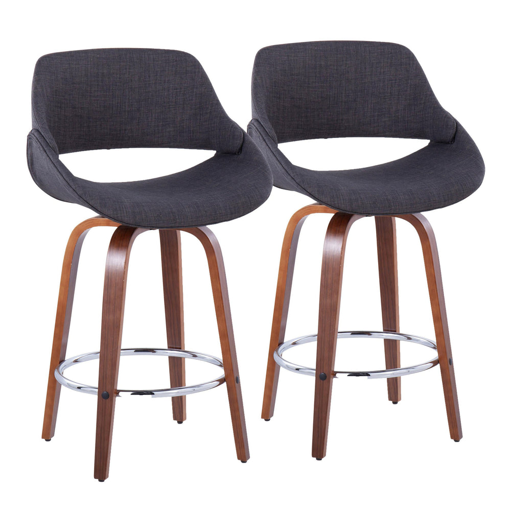 English Elm Fabrico 26" Mid-Century Modern Counter Stool Set Of 2 In Walnut Wood & Charcoal Fabric For Stylish Seating B202S00249