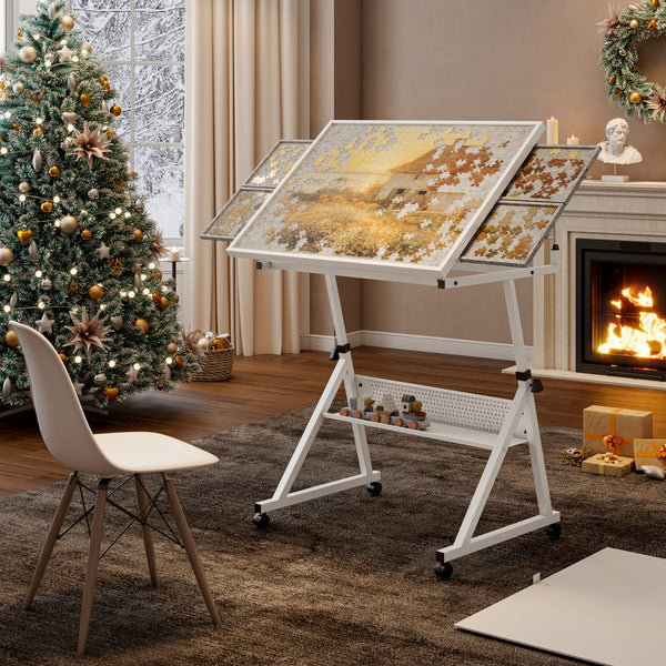 English Elm 1500 Puzzle Table with Adjustable Height & Tilt, 4 Felt Trays, Locking Wheels, Large Metal Storage Shelf White W347P372499