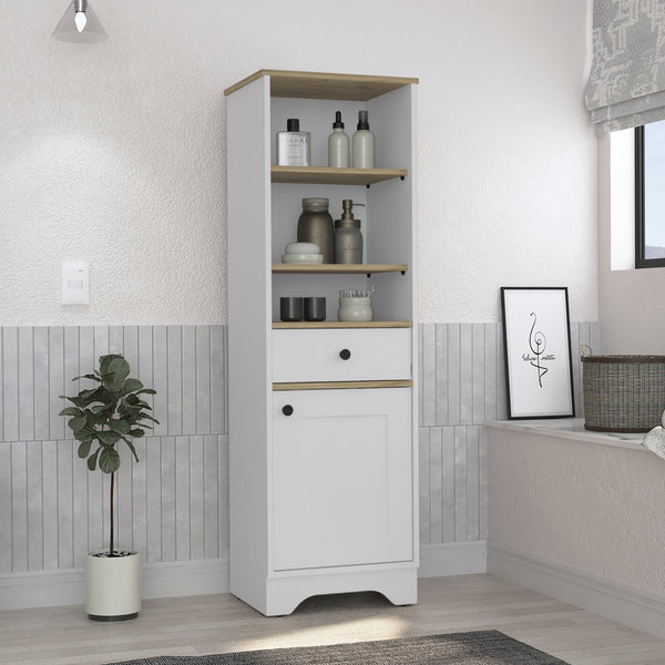English Elm St. Clair Linen Cabinet Multicolor - Engineered Wood, 3 Open Shelves, Drawer & 2 Interior Shelves, Compact Storage Solution B200P188852