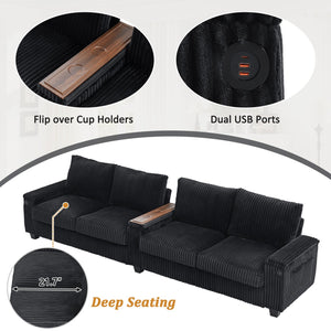 English Elm 4-seater Corduroy Sofa with USB Ports, Flip-Top Cup Holders, Hidden Arm Storage & Ultra-Deep Seats Black N719S001990B