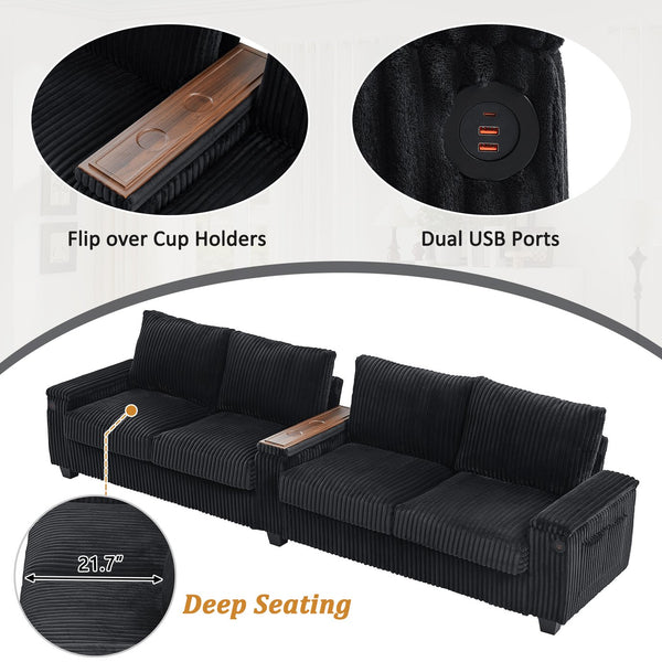 English Elm 4-seater Corduroy Sofa with USB Ports, Flip-Top Cup Holders, Hidden Arm Storage & Ultra-Deep Seats Black N719S001990B