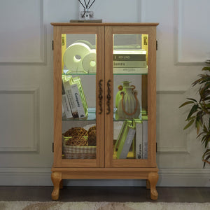 English Elm Elegant Curio Cabinet with Tempered Glass Doors, LED Lighting, Mirrored Back, Adjustable Shelves, Anti-Tip Safety Light Oak W1758P290028