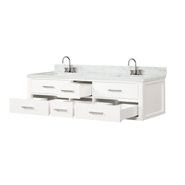 English Elm White Double Bath Vanity Set With Carrara Marble Top, Chrome Faucets, And Ample Storage Space B2731P258086-GIGA