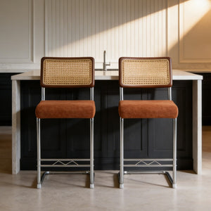 English Elm Natural Rattan Backrest Counter Stools Set of Two with Velvet Seat and Chrome Legs W2920P395621