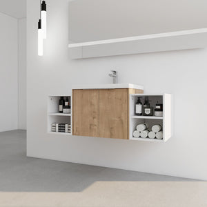 English Elm 48 Inch Wall Mounted Bathroom Vanity with Resin Sink, Soft-Close Doors, Metal Handles, Storage—Durable Eco Plywood Imitative Oak W999S00184