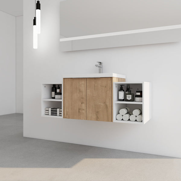 English Elm 48 Inch Wall Mounted Bathroom Vanity with Resin Sink, Soft-Close Doors, Metal Handles, Storage—Durable Eco Plywood Imitative Oak W999S00184