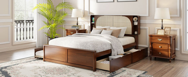 English Elm Queen Size Rattan Headboard Bed With Trundle, Drawers & Elegant Walnut Finish For Versatile Style N820S00013D-GIGA