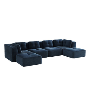 English Elm Modern Corduroy Modular Sectional with Tufted Cushions Two Ottomans Living Room Blue W714S01806