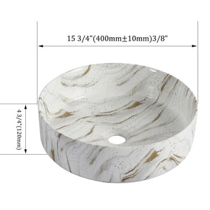 English Elm Ceramic Art Vessel Sink Above Counter – Elegant Gold Line Pattern, Durable Glaze, Easy-Clean Finish White+Gold W999P346769