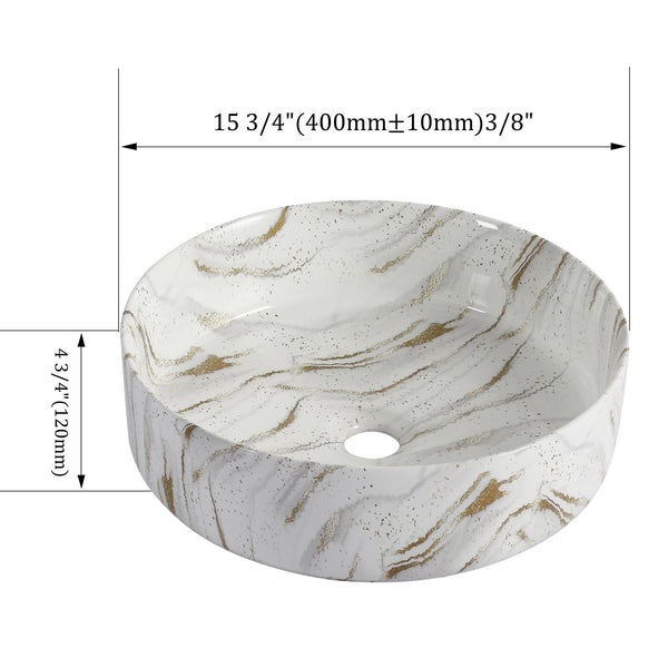 English Elm Ceramic Art Vessel Sink Above Counter – Elegant Gold Line Pattern, Durable Glaze, Easy-Clean Finish White+Gold W999P346769