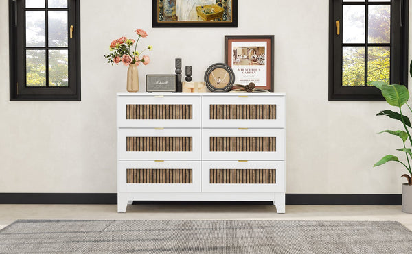 English Elm Rustic Farmhouse Wooden Dresser with 6 Drawers and Metal Handles — Spacious Storage, Stylish Bedroom Accent White 52.17 L x 18.5 W x 11.81 H WF530908AAK