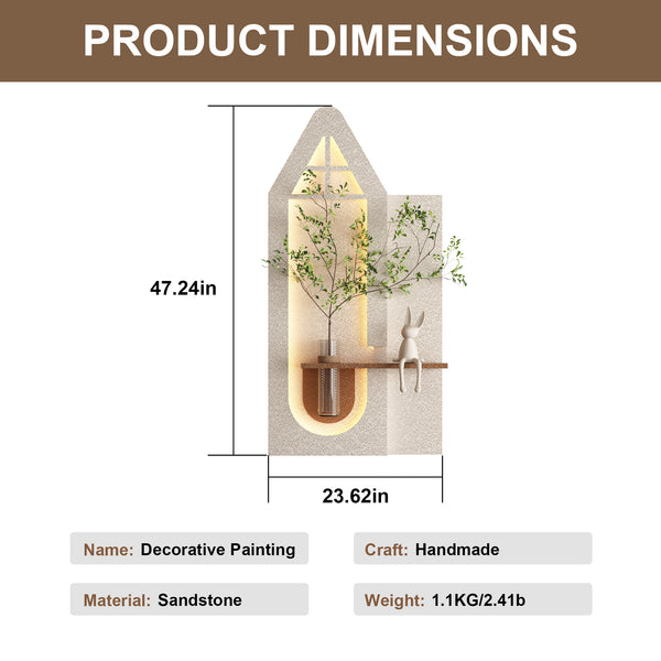 English Elm Adjustable 3D Sandstone Wall Art With Led Lights, Rabbit Figurine & Hydroponic Glass Vase For Home Decor W2700P313032
