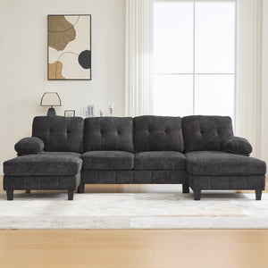 English Elm U-shaped Chenille Sectional Sofa with Dual Chaise Lounges, Tufted Back, Storage Pockets & Pillows Black N719S002040B