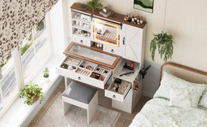 English Elm Farmhouse LED Vanity Desk with Sliding Mirror, Glass Top Storage, Built-In Charging Station & Stool White 37 L x 18.5 W x 13 H N733P340562K