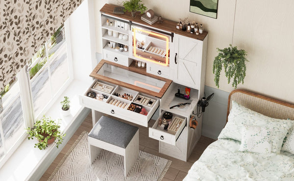 English Elm Farmhouse LED Vanity Desk with Sliding Mirror, Glass Top Storage, Built-In Charging Station & Stool White 37 L x 18.5 W x 13 H N733P340562K