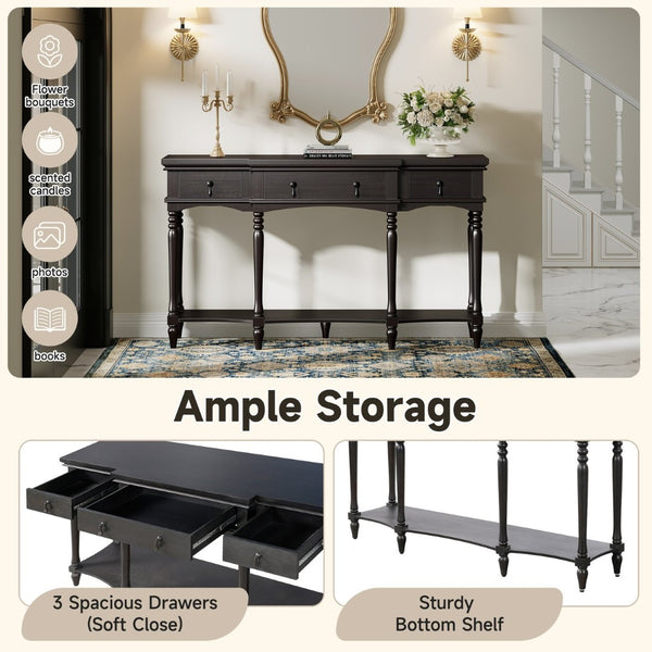 English Elm [video] Solid Pine Console Table Ornate Carved Legs Copper Hardware Soft-close Drawers Black N759P433566B