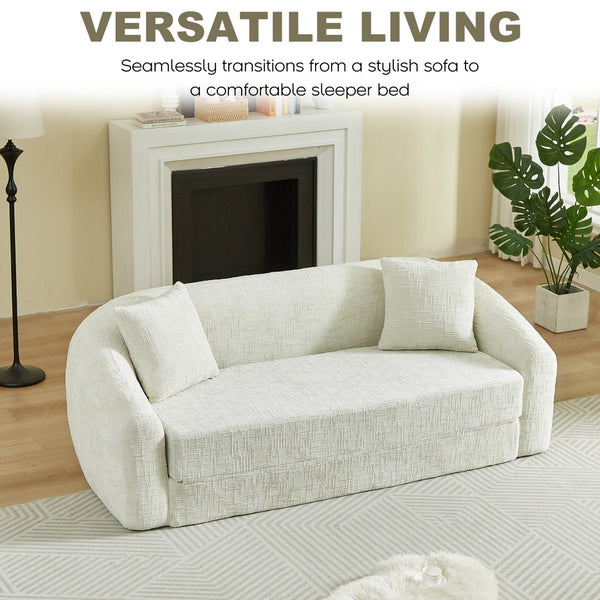 English Elm 87-inch Curved Chenille Convertible Sofa Recliner Bed with Pull-out Base for Living Room Beige W3505P452804