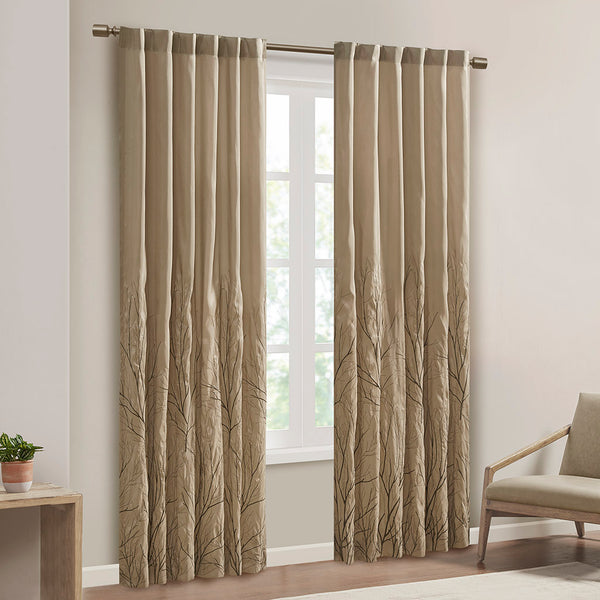 JLA Home Madison Park - Curtain embroidered faux silk panel with lined privacy, tree-branch motif, luxe sheen for elegant rooms Tan WIN40-098