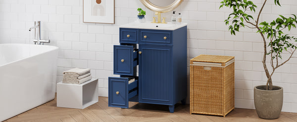 English Elm 24-Inch Bathroom Vanity Cabinet with Ceramic Sink, Space-Saving Storage, Solid Wood Feet, Durable Finish Blue WF532034AAC