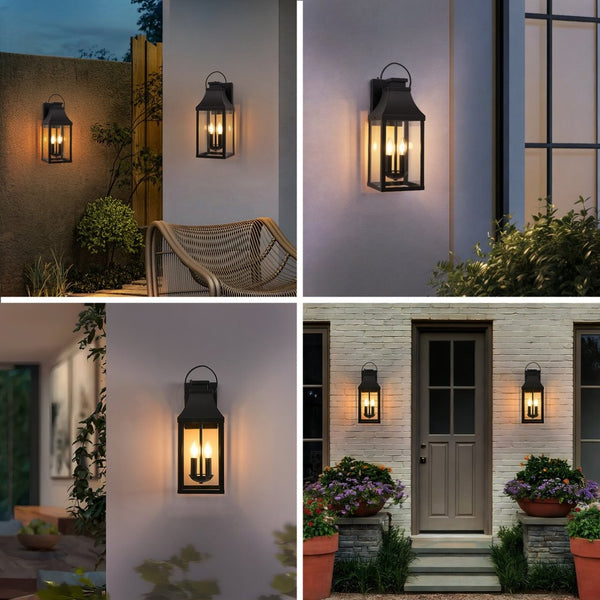 English Elm 20'' Matte Black Dual Light Outdoor Wall Lantern with Dusk to Dawn Sensor Tempered Glass W1340P456210