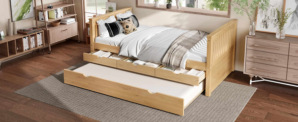 English Elm Twin Solid Wood Platform Bed with Trundle and Two Drawers, White Daybed for Kids Guests Natural W1580S00264