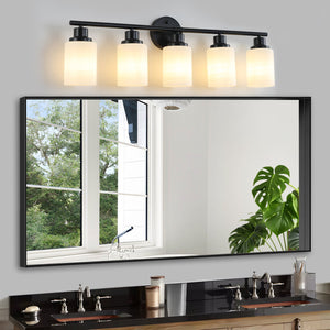 English Elm 31" Stylish 5-Light Vanity Wall Sconce, Frosted Glass & Black Iron Design For Elegant Illumination W2312P374806