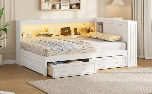 English Elm Full Pine Platform Daybed with Led Lighting Usb Charging Headboard Shelf and Drawers White N7090004032K