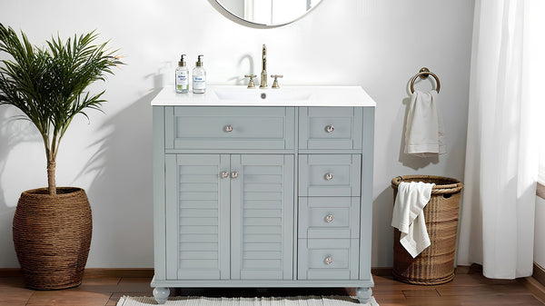 English Elm 36" Modern Grey Bathroom Vanity with Ceramic Sink, Solid Wood Frame, Soft-Close Drawers, Organizer Storage Blue+Grey W2896P344088