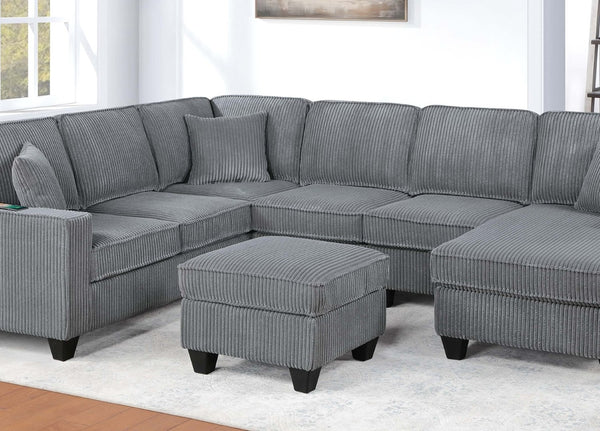 English Elm Dark Corduroy U-shaped Sectional Set with Usb Charging Ottoman and Plush Cushions Fog B011S02190
