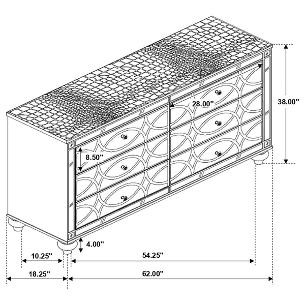 English Elm Arabesque Six Drawer Dresser with Crystal Pulls and Fretwork Art Deco Glam Finish B062P441419