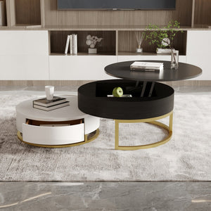 English Elm Dolce Round Lift-Top Wood Coffee Table with Convertible Heights and Sturdy Iron Frame, Modern Chic Black White B341S00041