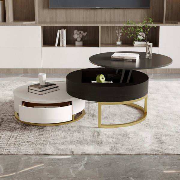 English Elm Dolce Round Lift-Top Wood Coffee Table with Convertible Heights and Sturdy Iron Frame, Modern Chic Black White B341S00041