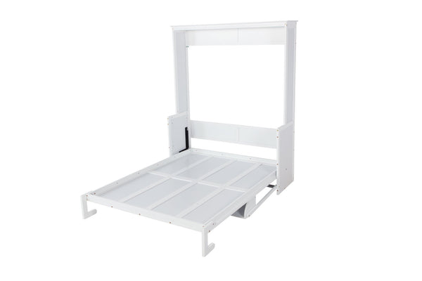 English Elm Queen Murphy Wall Bed with Integrated Desk Gas Strut Lift White Cabinet for Small Spaces White W504S00216