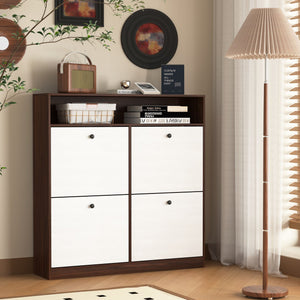 English Elm Shoe Storage Cabinet with 4 Flip Drawers, Slim Freestanding Shoe Rack Organizer with Wood Handle, Anti-Tip Safety and Top Shelf for Entryway Walnut W409P195085