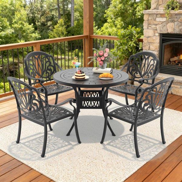 English Elm 5-piece Cast Aluminum Outdoor Dining Set with Ornate Carved Detail and Weather Resistant Frame W1710S00549