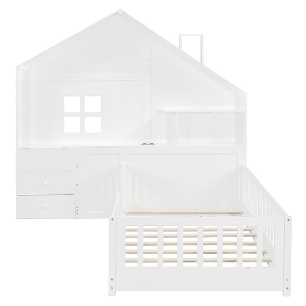 English Elm Twin House Bed Frame with Drawers Shelves and Usb Charging for Kids Bedroom LT000422AAK-1