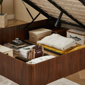 English Elm Queen Lift-Up Storage Bed Frame with Curved Wooden Design, Hydraulic Easy-Access Storage, 1000lb Capacity Walnut W1820P379903