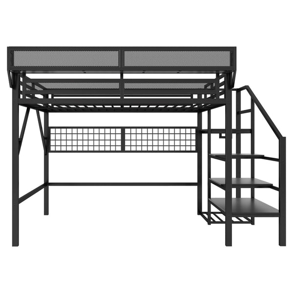 English Elm Queen Metal Loft Bed with Stair Storage Wardrobe Rgb Lighting for Teens Adults W2580S00052