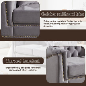 English Elm {video] Chesterfield Two-seater Velvet Sofa with Nailhead Trim and Tufted Gold Leg Luxury Grey W1926S00105